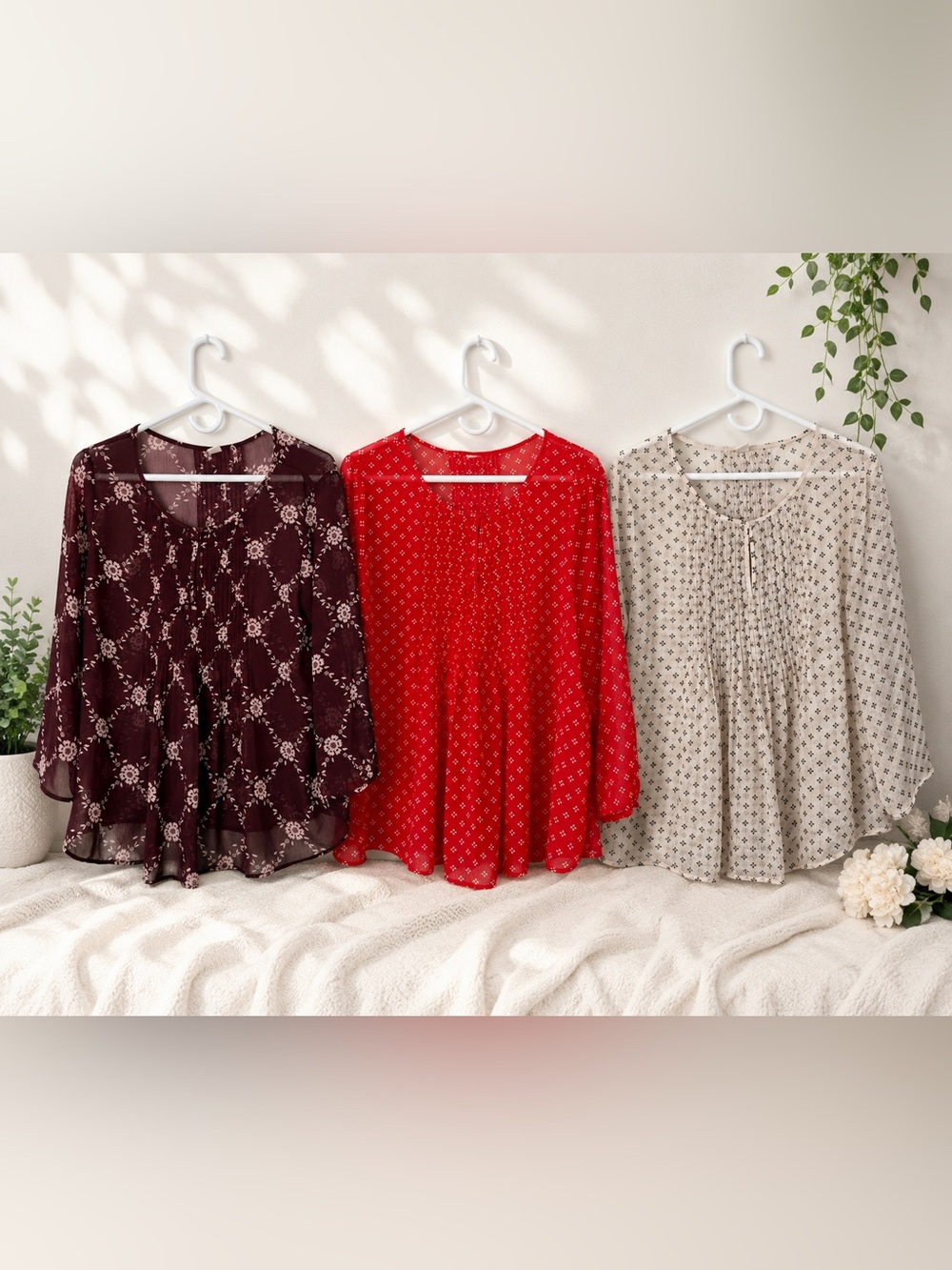 Old Navy Sheer Chiffon Blouses 3 Pack Burgundy White and Red with Front Pleats